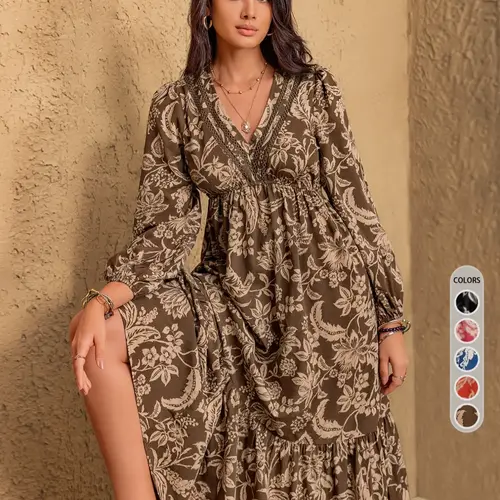 Women's Floral Print Contrast Lace Long Sleeve Ruffle Hem, Casual Boho Chic Bishop Sleeve V Neck A Line Dress for Vacation Holiday, Women's Clothes for Fall, Winter & Summer, Boho Dresses, Boho Elegance Style