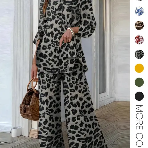 Two-piece Set, Palazzo Set, Casual Style Set, Women's Leopard Print Button Front Shirt & Elastic Waist Loose Fit Wide Leg Pants, Womenswear