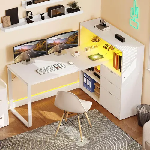 Yitahome Sturdy L-Shaped Wood Workstation, 55" Corner Computer Desk with Built-In USB Outlet, Cool & Smart LED Light Strips, File Cabinet, 3 Drawers, 3 Storage Shelves & Bookshelf for Home Office (Drawers and Shelves Desks & Workstations)