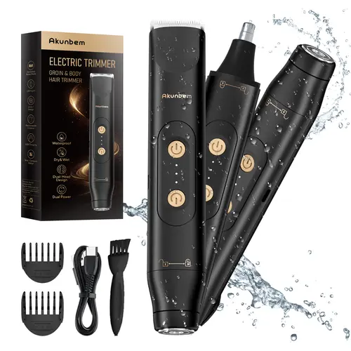 Akunbem Dual-Head Electric Groin Trimmer - Cordless Rechargeable Wireless Body Razor, Waterproof Nose Trimmer, Replaceable Ceramic Blade Wet/Dry Groomer, Gifts for Him Mens Gifts
