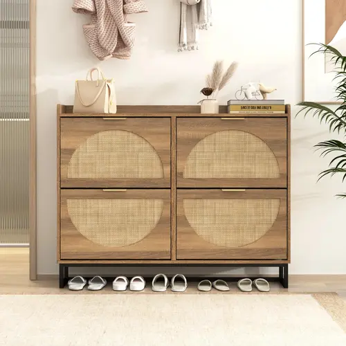 [tiktokshopbacktoschool] Vabches Rattan Shoe Storage Cabinet - Narrow Freestanding Organizer with Display Riser, Metal Legs, Rustic Oak Finish, 25kg Capacity, Home Accessories, Entryway Indoor Furniture