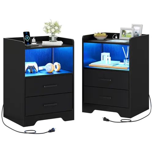 SIKAIC Furniture Set of 2 Black Modern LED Bedside Tables Nightstands with Charging Station, 2-Drawer Storage, Tidy Drawer Space and Open Shelf for Bedroom