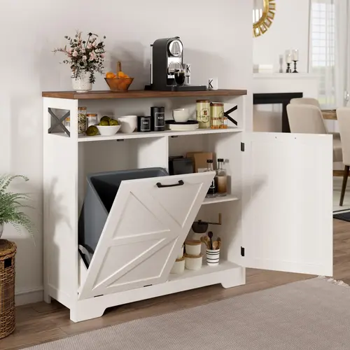[SohoChic] Vabches Wooden Tilt-Out Trash Can Cabinet for 13 Gal Bin, Barn/Cottage Style Hidden Multi-Purpose Kitchen Furniture with Adjustable Shelf, Dog-Proof Organizer (White, Dorm Essentials Home Decor)