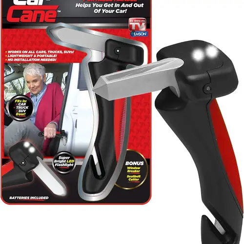 Car Cane, All-in-One Car Cane Door Handle and Mobility Aid with Built in LED Flashlight, Window Breaker Seatbelt Cutter, Car Handle Assist for Elderly and Car Emergency Tool- Batteries Included