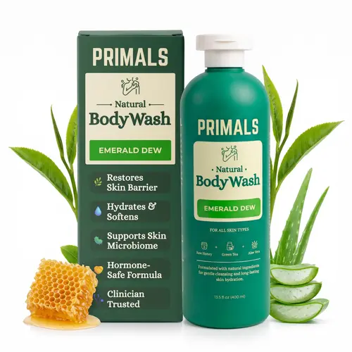 PRIMALS Natural Body Wash - 450+ Clinician-Approved - Aloe Vera, Raw Honey, Green Tea Natural Ingredients - Smoother Skin - 0 Artificial Fragrances, Sulfates, Parabens, Dyes - 13.5 Fl Oz Bath & Shower Body Care Cleanser