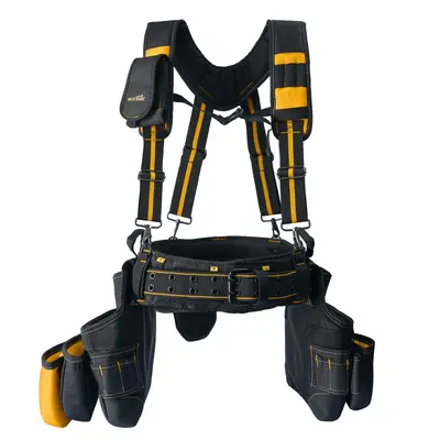 MELOTOUGH Pro Framer's Rig Combo - 28-Pocket Heavy-Duty Tool Storage Bag with Magnetic Convenient Pockets, Hammer Holder, Padded Suspenders, Construction Tool Organizer for Roofing, Plumbing Technicians (Yellow), Convenient Tool Pockets, Polyester
