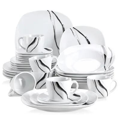 VEWEET Teresa Series 24/30-Piece Classic Ivory White Porcelain Dinnerware Set, Square Ink & Line Patterns, Includes Plates, Bowls, Tableware Service for 6 with Cutlery, Safe for Coffee, Drinks, Cake, Pasta