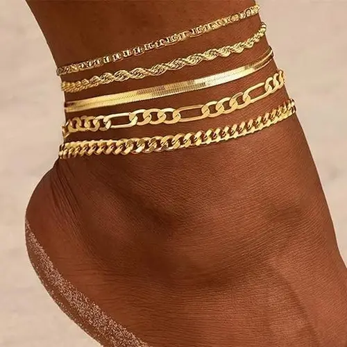 Loyalove 14K Gold Plated Ankle for Women Waterproof Dainty Cuban Link Chain Herringbone Cute Anklets Set Pack Summer Beach Jewelry Gift for Women Gift For Mother's Day