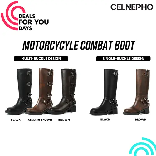 CELNEPHO Motorcycle Combat Boots for Women Knee High Boot Round Toe Chunky Block Vintage Heel Metal Buckle Design Comfy Easy Pull on Rocky Boots Gift Party Date Bike Riding Streetwear Work Casual Long Tall Punk Fall Footwear Fashion Dressy Shoes