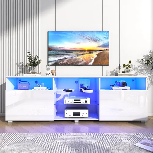 Modern LED TV Stand for 65-90 Inch TVs, High Gloss Media Console with RGB Lights & App Control, Storage Cabinet Entertainment Center for Living Room