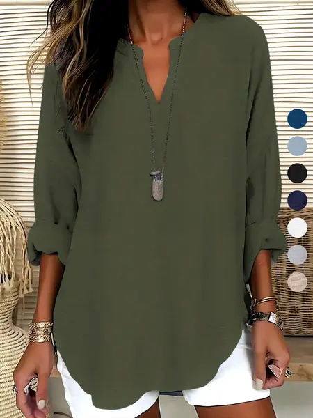 Women's Plain Notched Neck Drop Shoulder Blouse Shirt, Casual Minimalist Long Sleeve Top for Spring & Fall, Women's Clothing for Daily Wear, Casual Chic Top, Blouses Shirts Tops