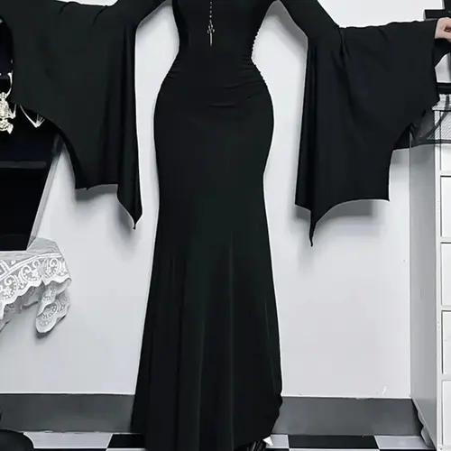 Women's Solid Color Ruched Mermaid Maxi Bodycon Fitted Dress, Elegant Formal Sweetheart Neck Batwing Long Sleeve Evening Party Gown, Fall & Winter Clothes, Womenswear Garment