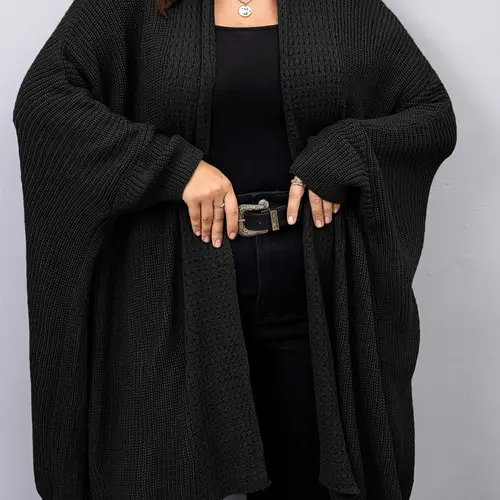 [Plus Size] Solid Batwing Sleeve Open Front Cardigan, Casual Knit Outerwear for Fall & Winter, Women's Knitwear for Daily Wear