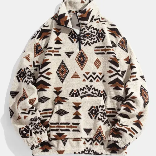 Men's Ethnic Pattern Zip Up Plush Sweatshirt, Casual Long Sleeve Pocket Collared Pullover for Winter, Fashion Men's Clothes for Daily Wear