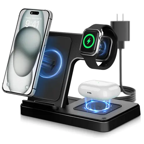 3-in-1 Foldable Adjustable 3-Way Wireless Charger Stand - Portable Charging Station for iPhone 17/16/15/14/13/12 Pro Max, iWatch 11/10/9/8/7 SE, AirPods 4/3/2 Pro (Requires 20W+ Adapter) | TikTok Shop Back to School, Smartwatch, Chargers