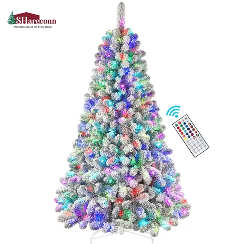 SHareconn 2026 New Artificial Flocked RGB Lights Christmas Tree (4.5/5.5/6.5/7.5/8/9FT), Pre-Lit with Color Changing RGB LED Lights, Remote Control, Expandable Hinges, Art Deco Glam Contemporary Decor, Ideal Home Festive Supply