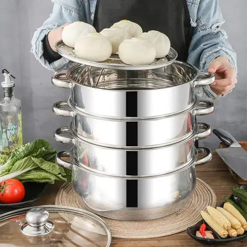 CNCEST 1*5-Tier Round Stainless Steel Steamer Cookware - Round Shape, 5-Layers Multi-Tiered, Glass Lid, 33 lbs Max Per-Tier Capacity, Smooth Finish, All-Stovetop Compatible, Steam+Bottom Cook Home Kitchenware, Housewarming Gift,sohochic
