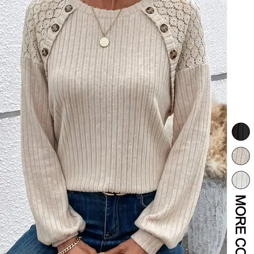 Women's Contrast Floral Lace Button Decor Ribbed Tee, Casual Chic Minimalist Drop Shoulder Long Sleeve Round Neck Fitted T-shirt for Spring & Fall, Fashion Women's Tops for Daily Wear, Womenswear, Everyday, Lady