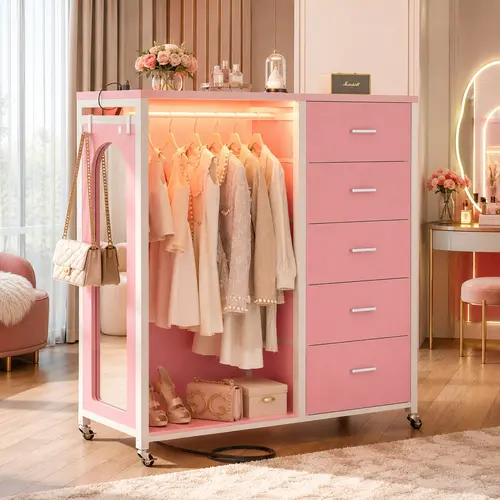 Cyclysio 45'' Dresser with Clothes Rack & Mirror, 5 Fabric Drawers Dresser with Charging Station & LED Lights, Rolling Chest of Drawers with Wheels, Fabric Storage Dresser, Drawer Cabinet