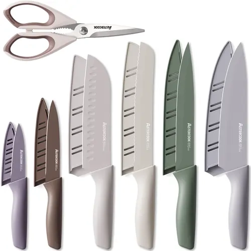 Astercook 7-Piece Stainless Steel Knife Set with Colorful High Block - Ergonomic, Rustproof, Durable Kitchen Knives for Modern Home Cooking Utensils, Kitchenware