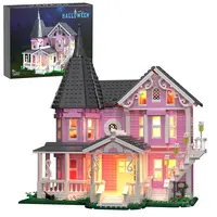 Classic Halloween Pink Mansion Building Blocks Set with LED Lighting, Piano Room, Kitchen, Attic, Bedroom, Living Room Included, Perfect Halloween & Christmas Toys and Gifts for Fans and Kids (1346 pcs) Playhouse
