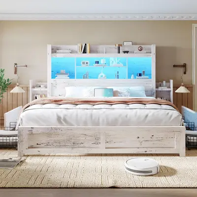 AMERLIFE Farmhouse Wood Bed Frame with 49.6" Bookcase Headboard with Storage, 2 Bedside Storage Racks, 4 Drawers, RGB LED Lights, Charging Station (Ships in 2 Boxes) - Apartment Furniture, Christmas Gift Idea, Bed Frames #SohoChic