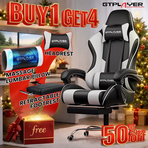 GTPLAYER Ergonomic Gaming Chair - Height-Adjustable Office Chair with Padded Arms, Footrest, Lumbar Support, Headrest, 360° Swivel Seat, Sturdy Metal Frame for Gaming, Office Use
