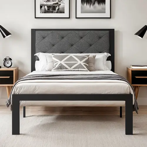 HOOMIC Twin/Full/Queen/King Upholstered Metal Bed Frame - 【Frame Only No Mattress】Finely Stitched Headboard in Faux Leather/Linen, Robust Noise-Free Design, Black/Dark Grey, #TikTokShopDealsforYouDays#DealsforYouDays#Summervibes#Summergarden