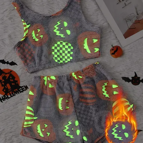 Women's Halloween Flannel Pajama Set, Glowing Pumpkin & Ghost Print Tank Top & Elastic Waist Shorts, Winter Nightwear
