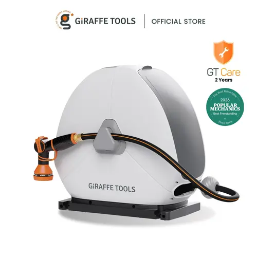 Giraffe Tools Ground-Mounted Renter friendly 5/8in 1/2in 82ft-130ft Wall Protect Retractable Hose Reel  for Home 9 Nozzle 360° Swivel Durable Any Length Lock Stable Auto Rewind System For Anywhere Anytime, 2 years warranty, SummerWins, Outd
