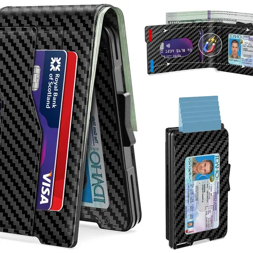 Wallet for Men - Pop Up Case, Cash Slot, Mens Credit Card Wallet - Minimalist Aluminum Case, Slim Leather Front Pocket Wallets with RFID Blocking/ID Window (Carbon Fiber)
