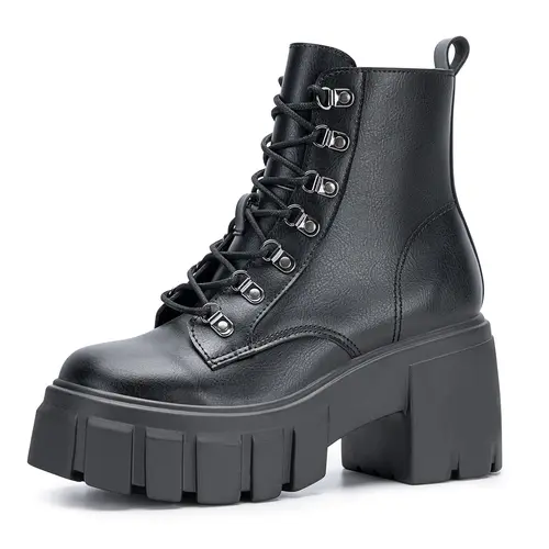 FITORY Women’s Cowgirl Combat Boot, Gothic style Lace-up Side Zipper for All Seasons, Black Ankle Boots High Heel Size 6-11,sohochic