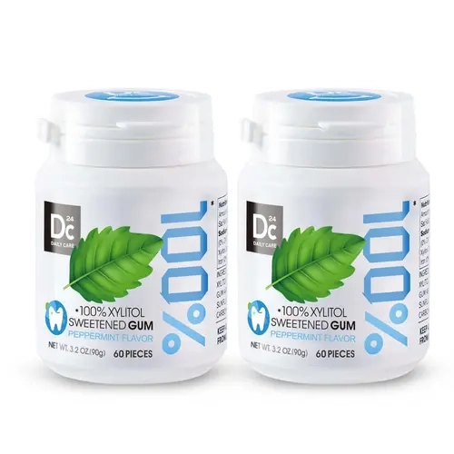 DC24 Daily Care Xylitol Sweetened Chewinggum, Peppermint Gum, Low Calorie, Sugar Free, No Aspartame, Natural Flavors, Gluten-Free, Vegan, 60 Pieces per Pack, Pack of 2, for All Ages