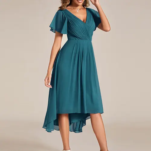 Ever-Pretty Women's 2026 Spring Elegant Chiffon Midi Dress - Deep V-Neck, Flutter Sleeves, Asymmetrical Hem - Basic Formal Wedding Guest Dress 01923, Shortsleeve, Wedding Guest Dresses