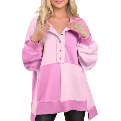 Shewin Women's Waffle Knit Sweatshirt - Knitwear Long Sleeve Tops Women, Casual Oversized Waffle Patchwork Tunic with Half-Button, Side Split, Exposed Seam,back to school,back to school shopping, Baggy,sohochic