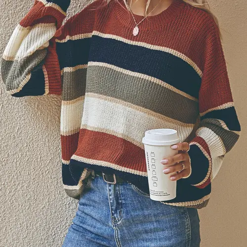 【Plus Size】 Patchwork Print Drop Shoulder Knitting Sweater, Casual Long Sleeve Round Neck Jumper, Knitted Top for Fall & Winter, Women's Clothing for Daily Wear, Casual Fashion Knitwear, Knitwear, Womenswear