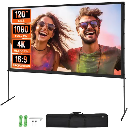 【toolupgrade】VEVOR Projector Screen with Stand 120 inch 16:9 4K 1080 HD Outdoor Movie Screen with StandWrinkle-Free Projection Screen with Bar Feet and Carry Bagfor Home Theater Cinema Backyard Movie Night, Polyester, Projector Setup, Portable