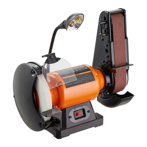 【toolupgrade】VEVOR Heavy Duty 8-in Bench Grinder & 2x28-in Belt Combo Power Tool, 2.5A Motor, LED Lighting, Protective Shield, Steady Non-Slip Pad, 0-90° Belt Tilt for Tight Corners, Polishing Metals/Wood, Sharpening Knives, Chisels