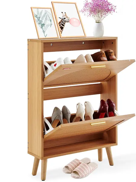 【toolupgrade】VEVOR Minimalist Modern Aluminium Shoe Cabinet - 2 Flip Drawers, Rattan Doors, Free-Standing Modern Shoe Organizer for Entryway, Hallway - Indoor Furniture & Room Decor for Heels, Boots, Slippers