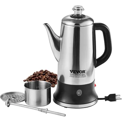 【toolupgrade】VEVOR Compact 12-Cup 304 Stainless Steel Electric Percolator Coffee Pot for Home Kitchen, Classic Coffee Maker with Automatic Keep-Warm, Heat-Resistant Handle, Quick Brew, Easy-Pour Spout, Brew & Serve in 1 Pot, Silver