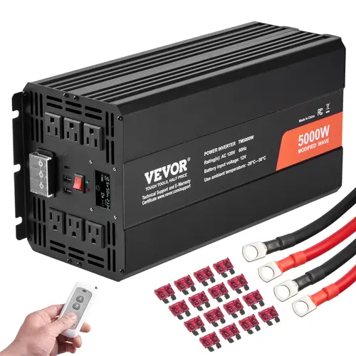 VEVOR 12V DC to 120V AC Modified Sine Wave Portable Power Inverter - 5000W Output, High Load Support, 6 AC Outlets, 2 USB Ports, 1 Type-C Port, LCD Display, Remote Controller, Includes Fuses, Safety Features, Aluminum, Home/Outdoor Emergency Accessory,too