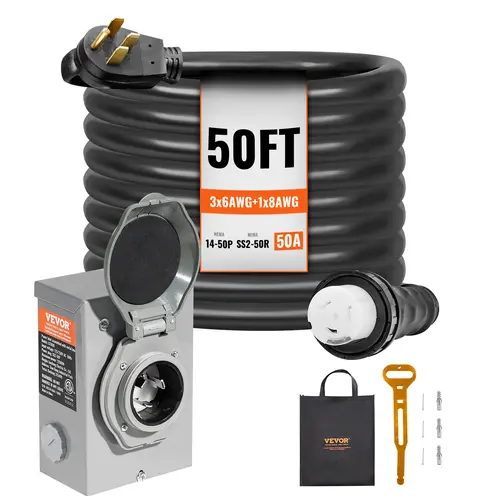 【toolupgrade】VEVOR 50A Current Generator Cable & Outdoor Power Inlet Box Kit, NEMA 14-50P/SS2-50R STW 6/3+8/1 AWG Pure Copper Twist Lock Connector, Pre-Drilled for Home Hookup, ETL Listed, Includes Storage Bag, Heavy-Duty
