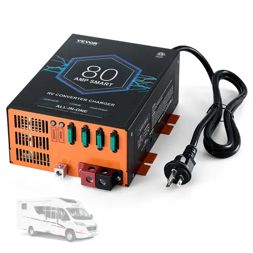 VEVOR 80A Max Metal Body RV Power Converter Charger, 110V AC to 12V DC, 4-Stage Smart Charge, 13V-16.5V Adjustable Range, Li/Lead Acid Mode, 80A Drives 12V Gear, 75Ah to 80Ah Compatibility, Over-Temperature Protection, Inverter System for RV Users, 80A Co