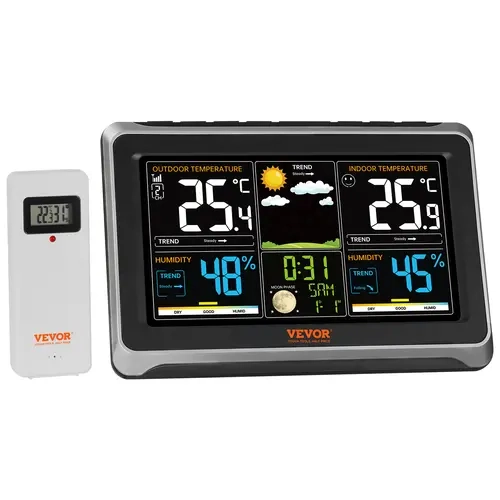 VEVOR Wireless Digital Weather Station with LCD Thermometer, 7.5in Large Color Display, Atomic Clock, Adjustable Backlight, Forecast Data, Calendar, Alarm Alert, Easy Setup, 2sec Time Setting, Outdoor Sensor View, Travel Tech Gadget, Father's Day Gift, Di