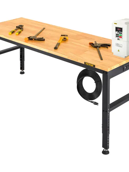 【Summerfinds】VEVOR Adjustable Height Workbench Desk - 61"x20" Freestanding Garage Table, 27.1"-36" Height, 2000 LBS Load Capacity, Hardwood Top, Metal Frame, Foot Pads, Power Outlets, 2 USB-A Ports, Assembly Required for Elderly Workshop & Home, Adjustabl