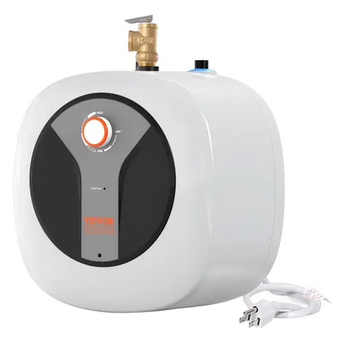 【toolupgrade】VEVOR 8-Gallon Compact Vertical Indoor Electric Mini-Tank Water Warmer, 1440W Boiler with Safety Temperature Pressure Valve, Easy-Install Shelf/Wall/Floor Mounted for Kitchen Bathroom, LED Lights, Hot Water, Horizontal Design, Small Footprint