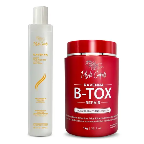 I Belli Capelli Ravenna B-Tox Repair Hair Mask Kit (1kg) + Anti-Residue Shampoo, Keratin Argan Oil Frizz Control, Professional Biotin Beauty Products for Damaged Dry Curly Hair, Hydrate Deep Repair Hydration & Glossy Organic Treatment