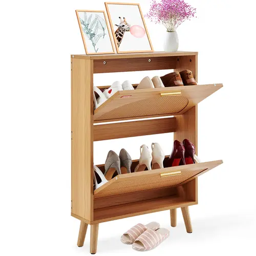 【toolupgrade】VEVOR Minimalist Heavy-Duty Freestanding Shoe Organizer - 2 Flip Drawers, Double Compartments Rattan Door Unit for Entryway Shoes, Heels, Boots, Slippers in Hallway
