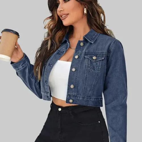 Zeagoo Women's Button Down Long Sleeve Cropped Denim Jean Jacket with Pockets jacket Halloween Casual Fashion Womenswear Coats summerwins