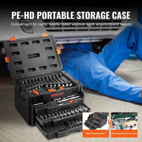 【toolupgrade】VEVOR Mechanics Tool Set and Socket Set, 1/4" 3/8" 1/2" Drive Deep and Standard Sockets, 450 Pcs SAE and Metric Mechanic Tool Kit with Bits, Hex Wrenches, Combination Wrench, Accessories, Storage Case, Tool Box, Car Tools
